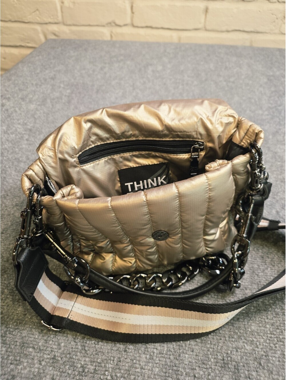 Think Royln Bar Bag Pearl Gold Quilted Puffer Convertible Crossbody Purse NWOT - Picture 8 of 8